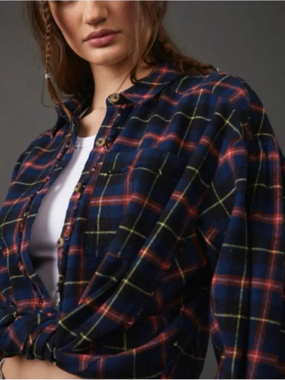 Free People Navy Red Plaid Button-Down Shirt